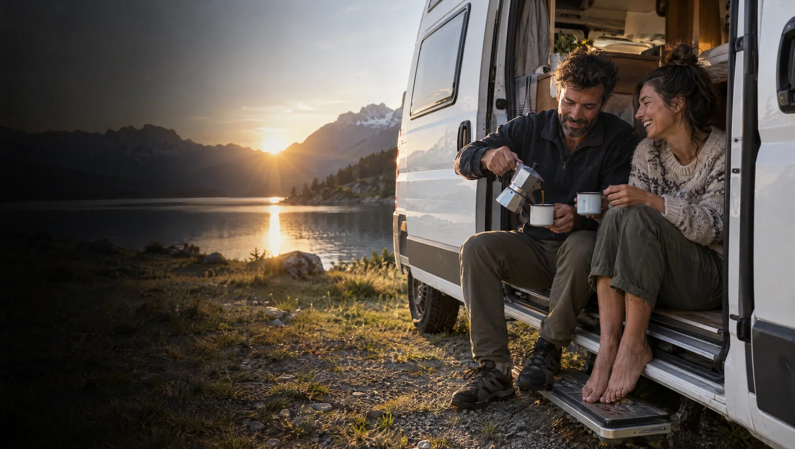 Una coppia fa colazione sulla porta aperta del furgone, sul lago all'alba