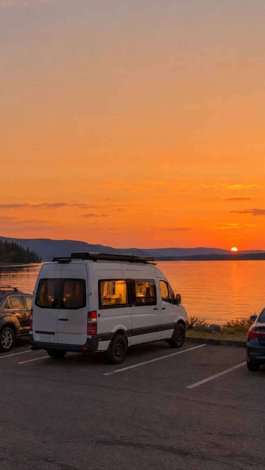 Il furgone parcheggiato nelle strisce sul lungolago, al tramonto