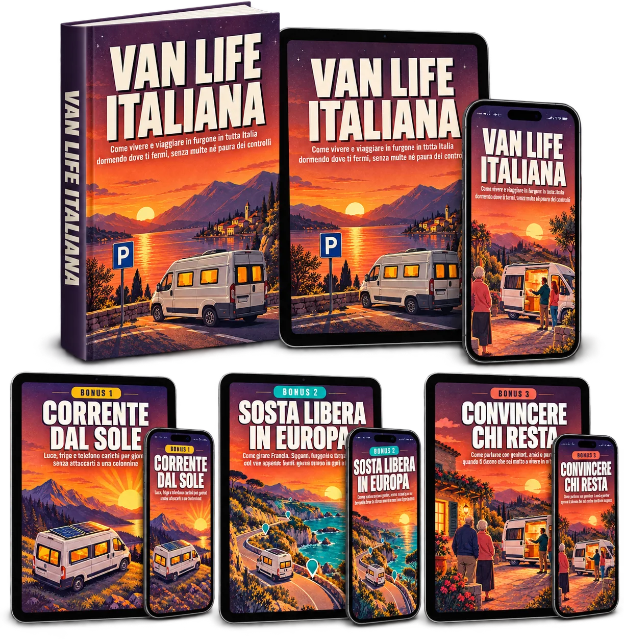 La guida Van Life Italiana con i 3 bonus, su libro, tablet e telefono